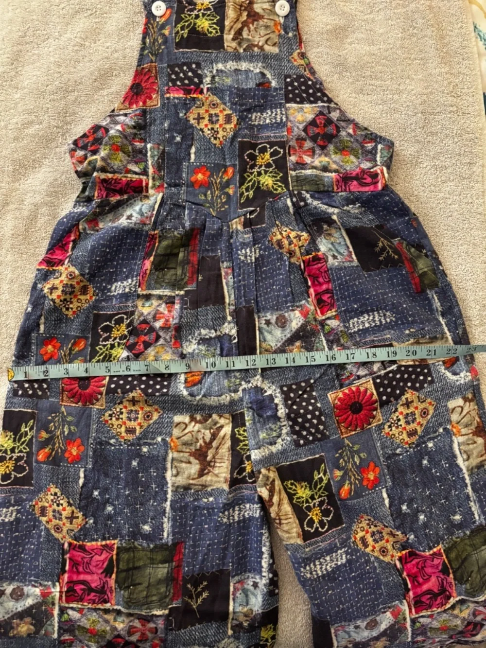 Embroidered Patchwork Denim Jumper Romper in Dark Blue Multi - Picture 7 of 9